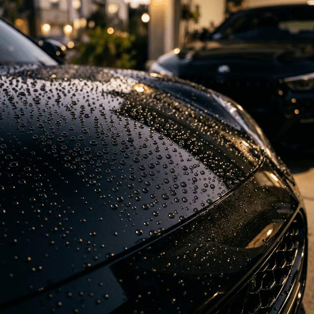 Musta auto viimeisteltynä – vedenhelmeily pinnalla